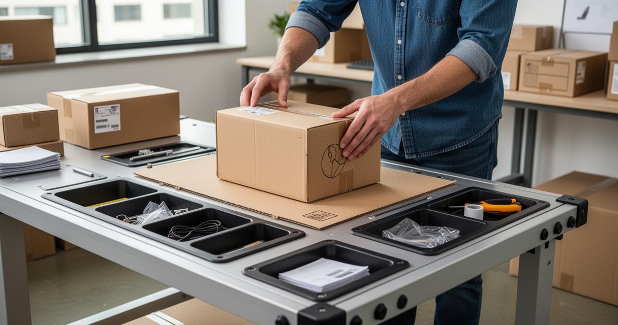 Préparation d’un colis sur une table de conditionnement avec rangements intégrés